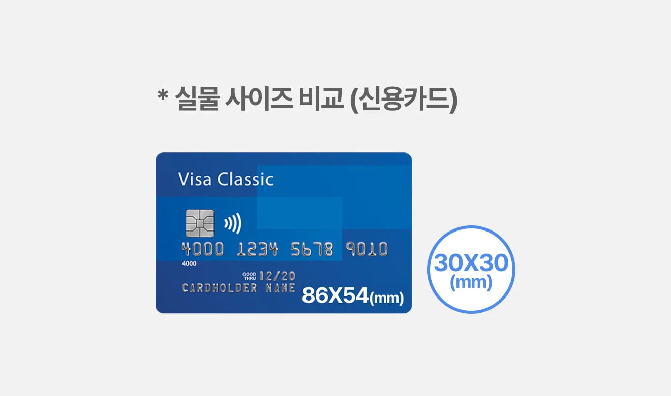 원형 30×30mm 스티커 규격 도식 — 신용카드(86×54mm) 옆에 실물 비율로 놓은 비교