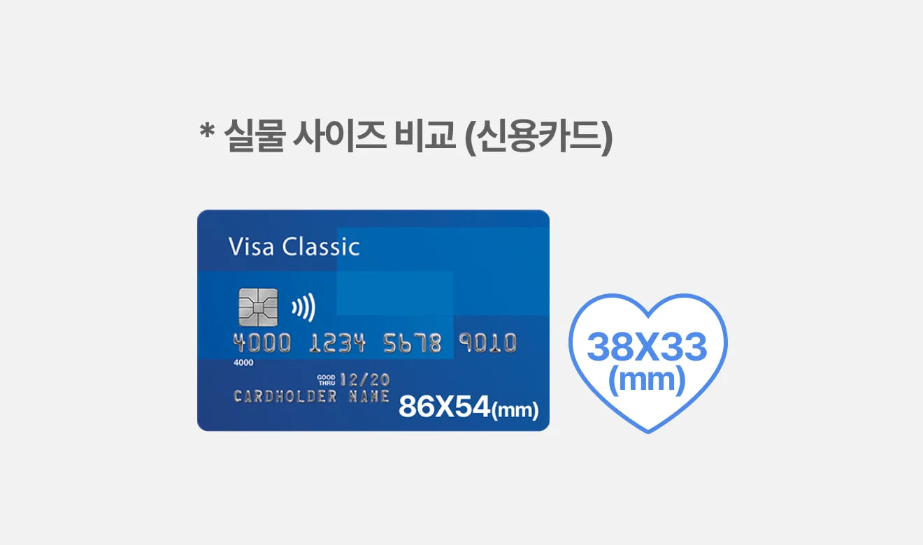 하트 38×33mm 스티커 규격 도식 — 신용카드(86×54mm) 옆에 실물 비율로 놓은 비교